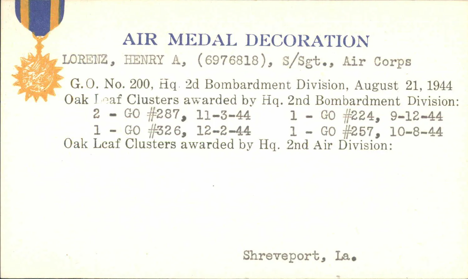 WWII Air Medal Award Cards for other Lorenz family members (surname documentation, not James H. Lorenz): Lorenz Henry A Air Medal
